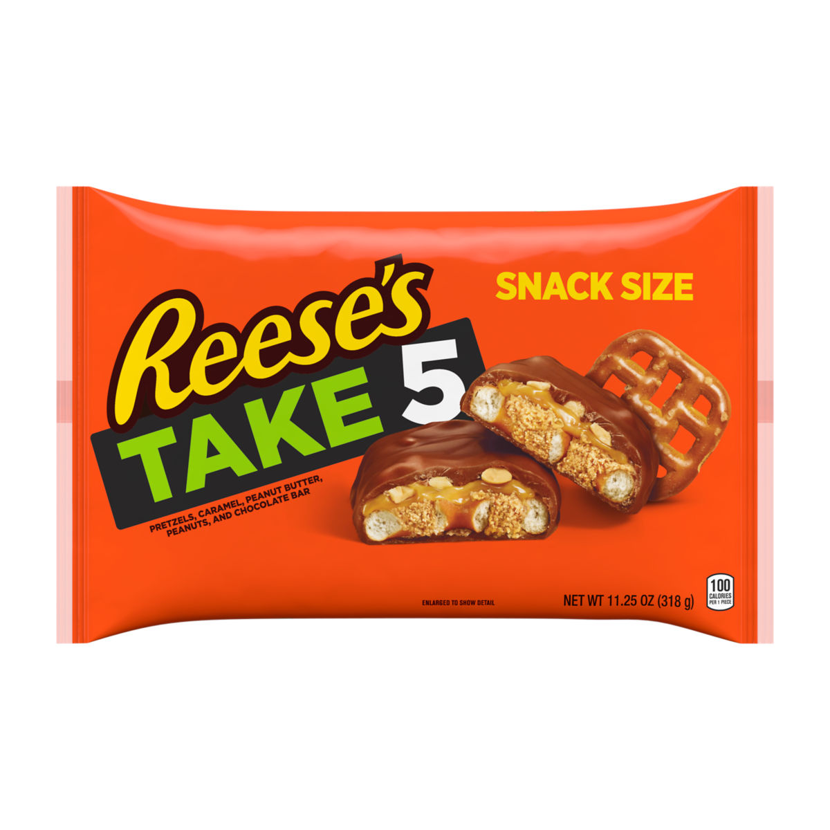 REESE'S TAKE 5 (Pretzels, Caramel, Peanut Butter, Peanuts and Chocolate) Snack Size Bar Laydown Bag,