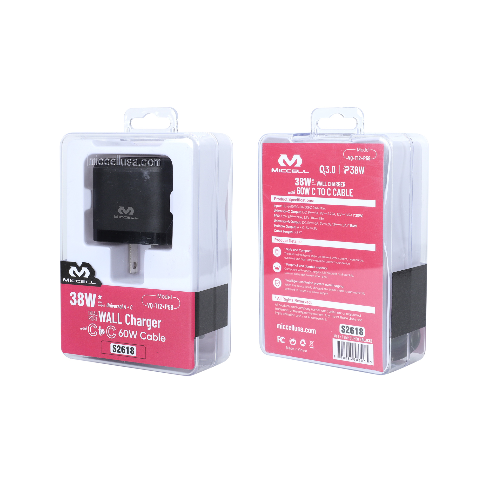 S2618 Miccell 38W* WALL Charger (VQ-T12) w/ C to C Cable (VQ-PD58)