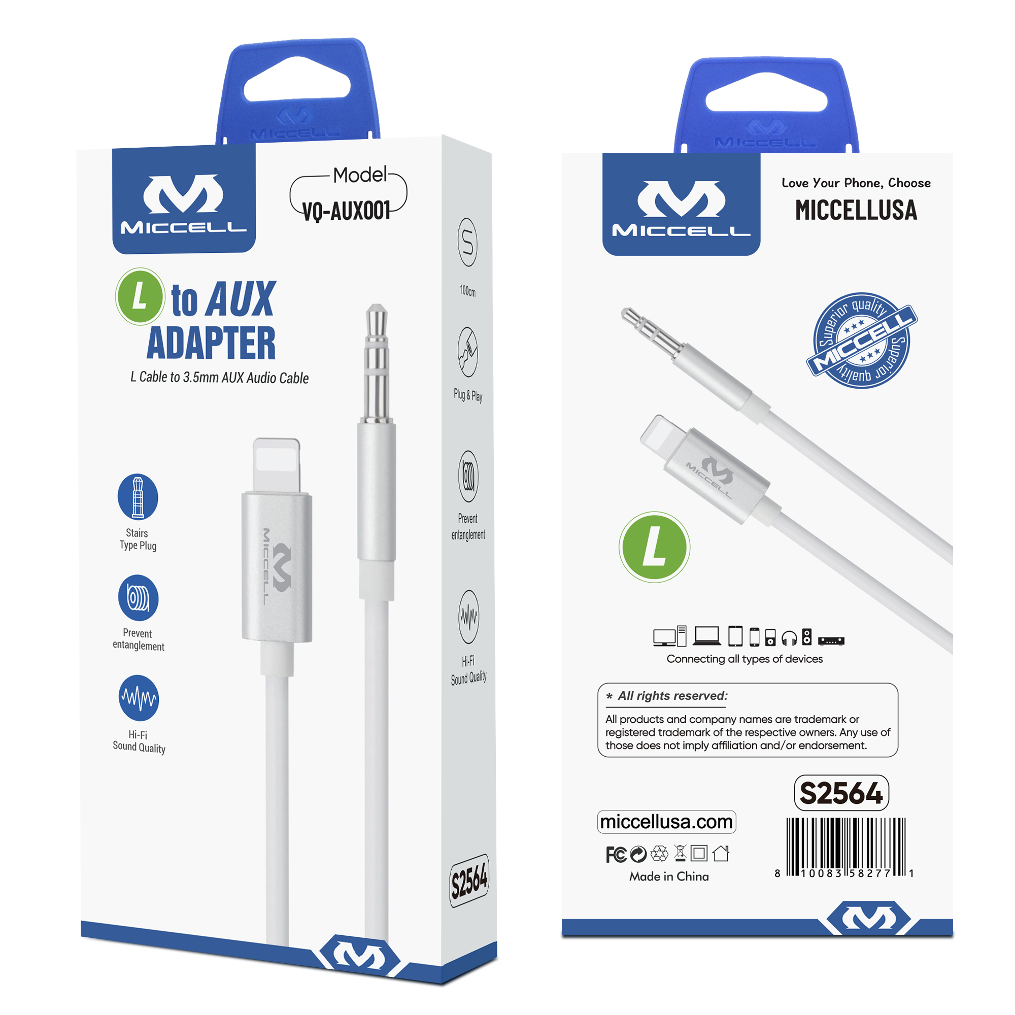 S2564 Miccell L to 3.5 AUX Audio Adapter Cable BOX Pack