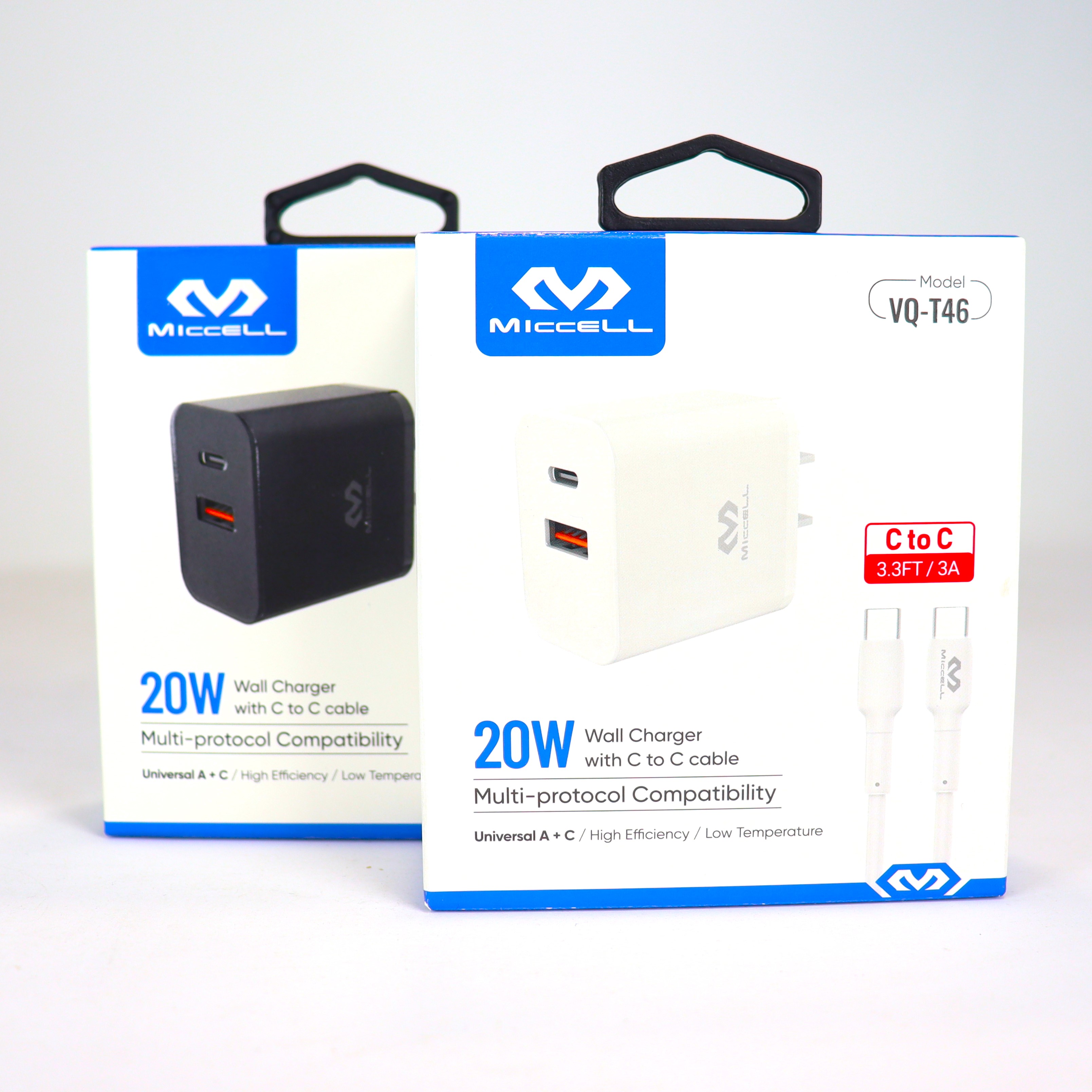 S2282 Miccell 20W Wall Charger (VQ-T46) with C to C Cable Box Pack_SUB-Black or white