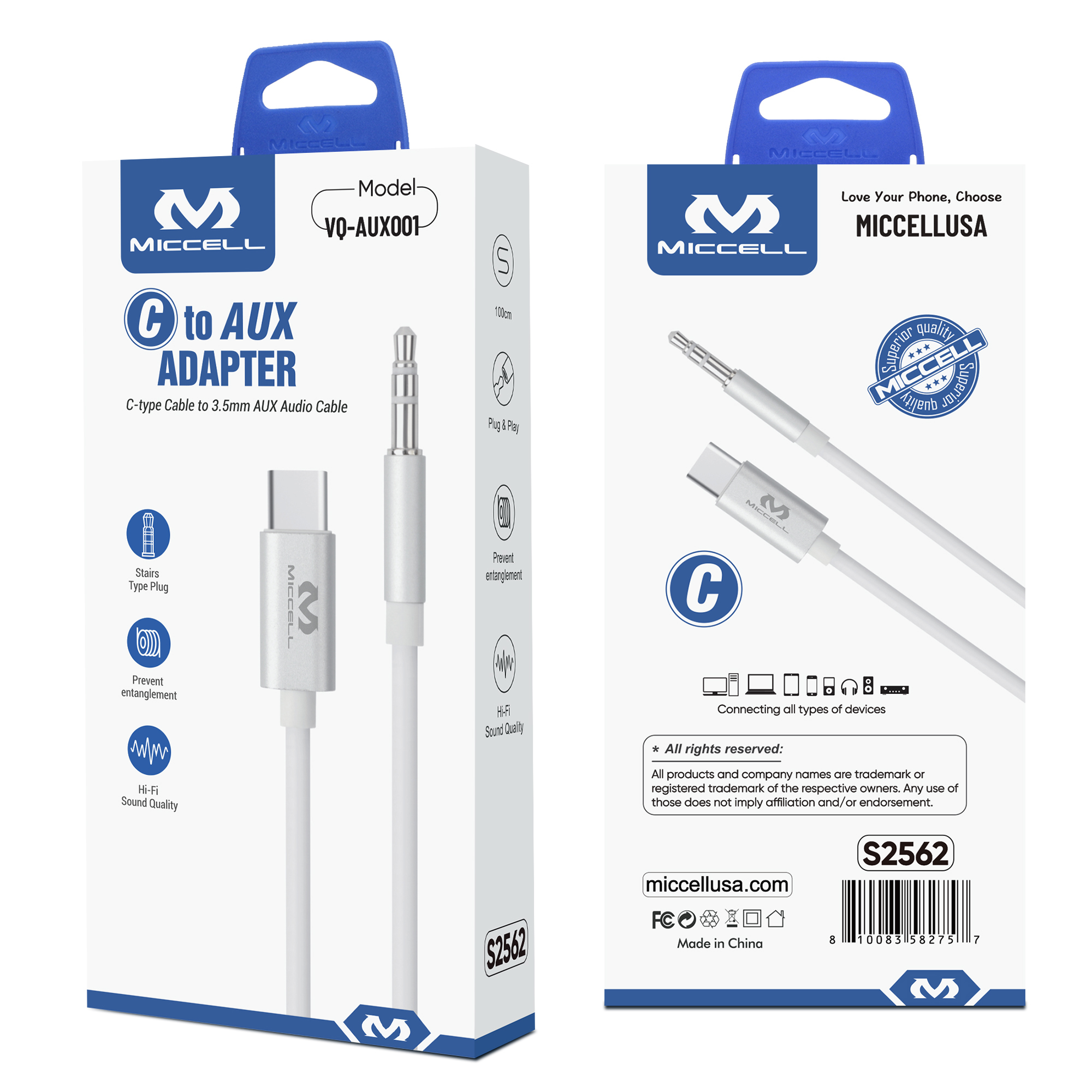 S2562 Miccell C to 3.5 AUX Audio Adapter Cable Box Pack