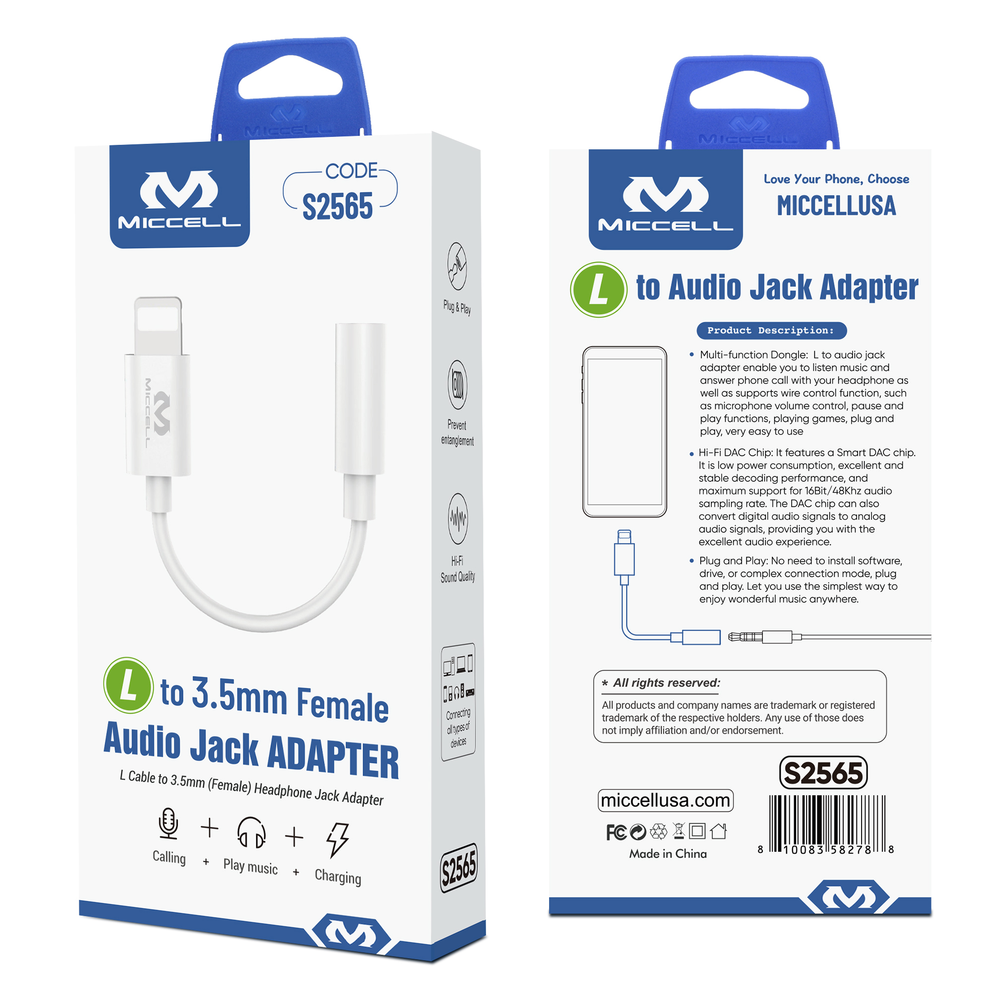 S2565 Miccell L to Headphone Jack (Aux) Adapter BOX Pack