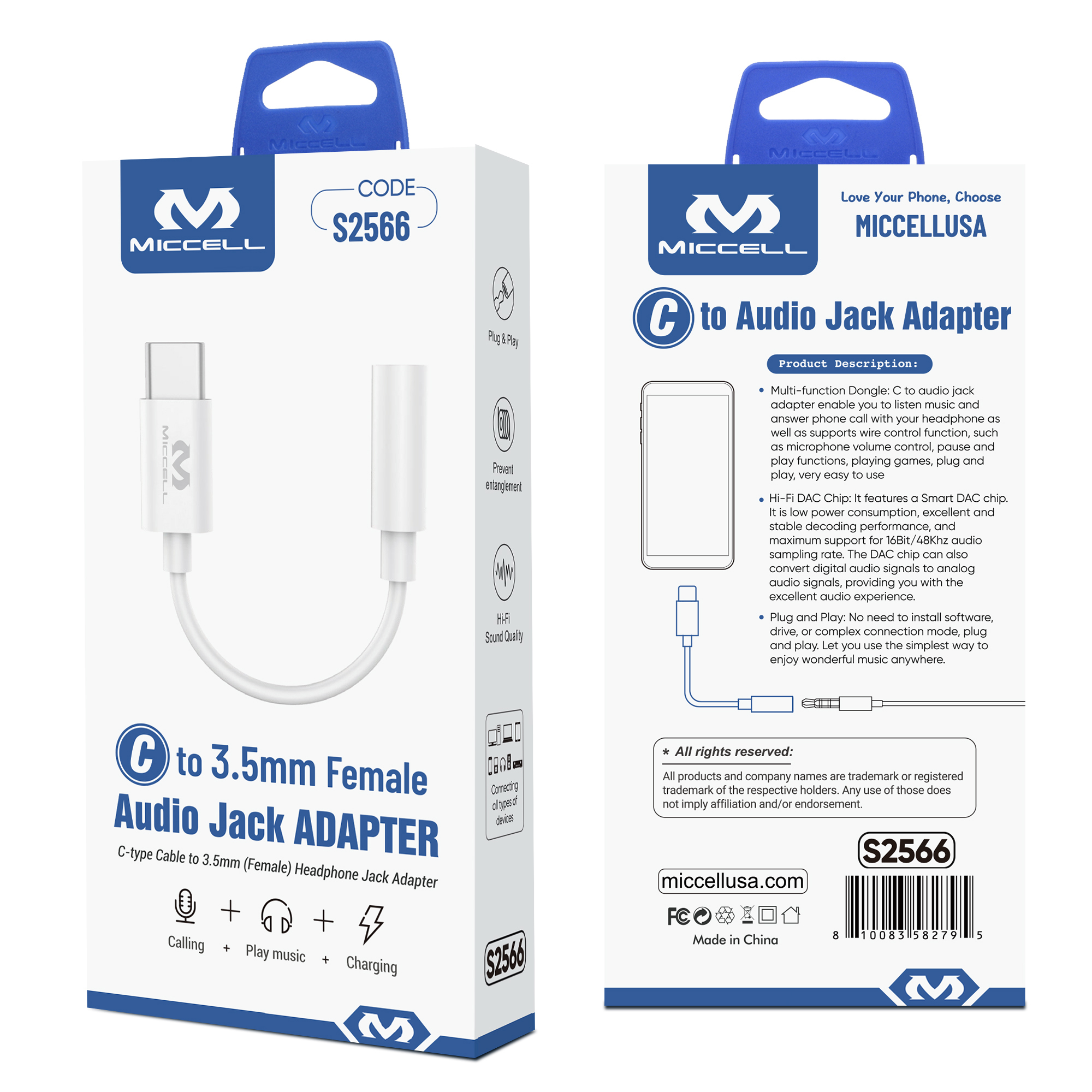 S2566 Miccell C to Headphone Jack (Aux) Adapter BOX Pack