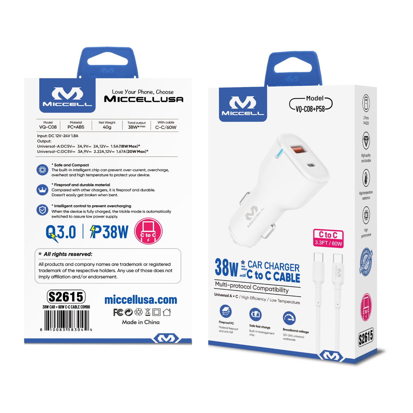 S2615 Miccell 38W Car Charger (VQ-C08)w/ C to C Cable