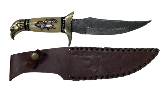 Damascus KNife, Bone Stag Etiching Handle